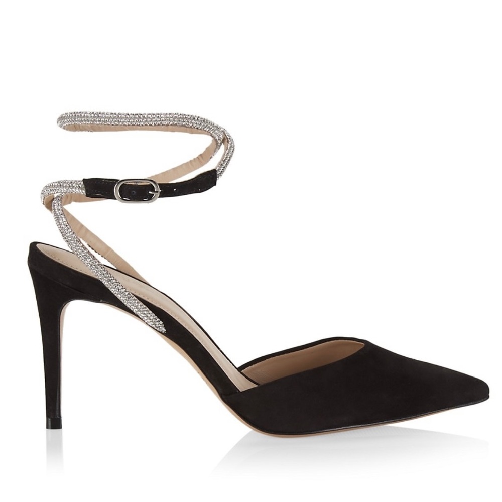 NEW NEVER WORN! A rhinestone-embellished strap Suede Leather sole stiletto heel